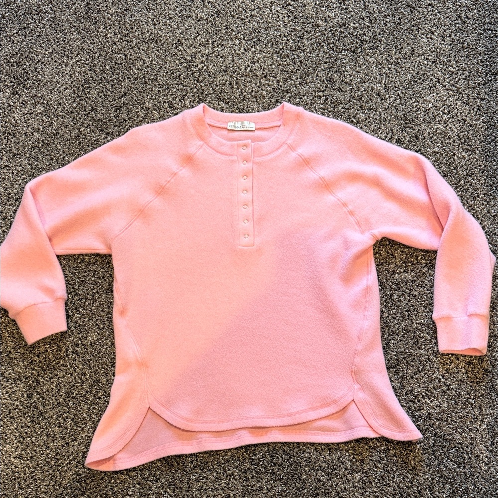 Zenana Outfitters Soft Pink Button-Front Crew Sweater